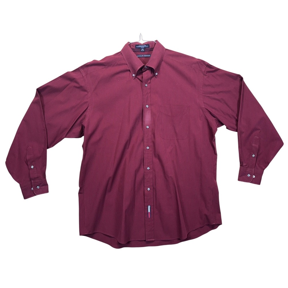 Tommy Hilfiger Mens Burgundy Micro Check Button Down Shirt 16 34-35‎ Cotton
